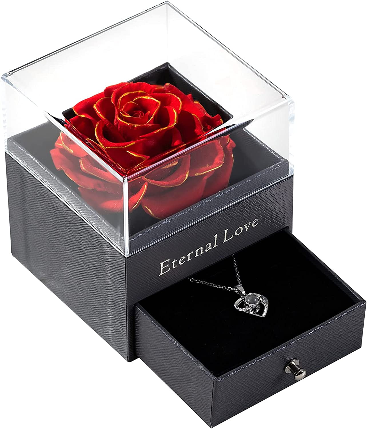 Preserved Real Rose with Silver-Tone Heart Necklace I Love You in 100 Languages Gift Set, Enchanted Real Rose Flower for Valentine'S Day Anniversary Wedding Romantic Gifts for Her (Red with Gold)