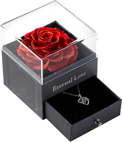 Preserved Real Rose with Silver-Tone Heart Necklace I Love You in 100 Languages Gift Set, Enchanted Real Rose Flower for Valentine'S Day Anniversary Wedding Romantic Gifts for Her (Red with Gold)