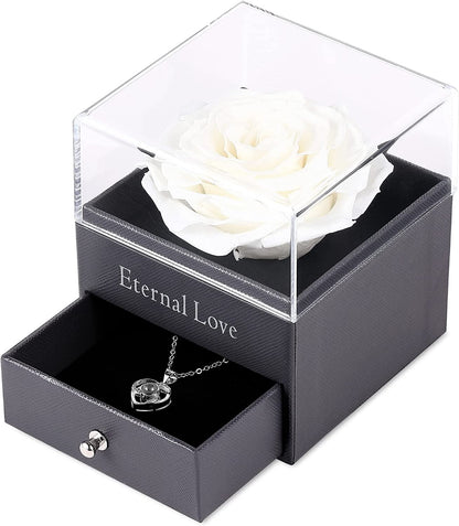 Preserved Real Rose with Silver-Tone Heart Necklace I Love You in 100 Languages Gift Set, Enchanted Real Rose Flower for Valentine'S Day Anniversary Wedding Romantic Gifts for Her (Red with Gold)