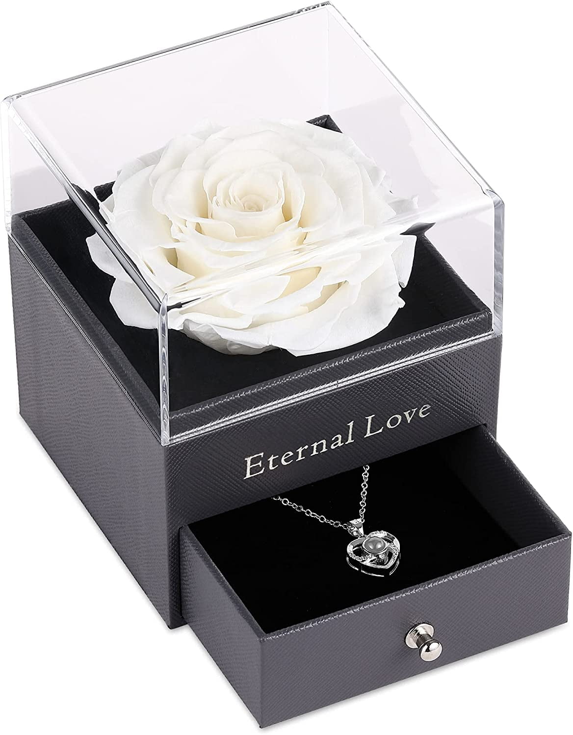 Preserved Real Rose with Silver-Tone Heart Necklace I Love You in 100 Languages Gift Set, Enchanted Real Rose Flower for Valentine'S Day Anniversary Wedding Romantic Gifts for Her (Red with Gold)