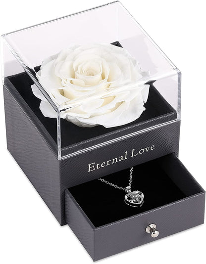 Preserved Real Rose with Silver-Tone Heart Necklace I Love You in 100 Languages Gift Set, Enchanted Real Rose Flower for Valentine'S Day Anniversary Wedding Romantic Gifts for Her (Red with Gold)