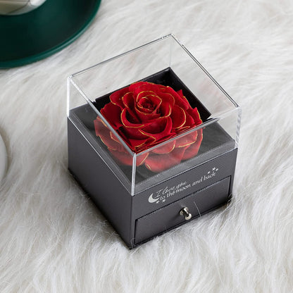 Preserved Real Rose with Silver-Tone Heart Necklace I Love You in 100 Languages Gift Set, Enchanted Real Rose Flower for Valentine'S Day Anniversary Wedding Romantic Gifts for Her (Red with Gold)