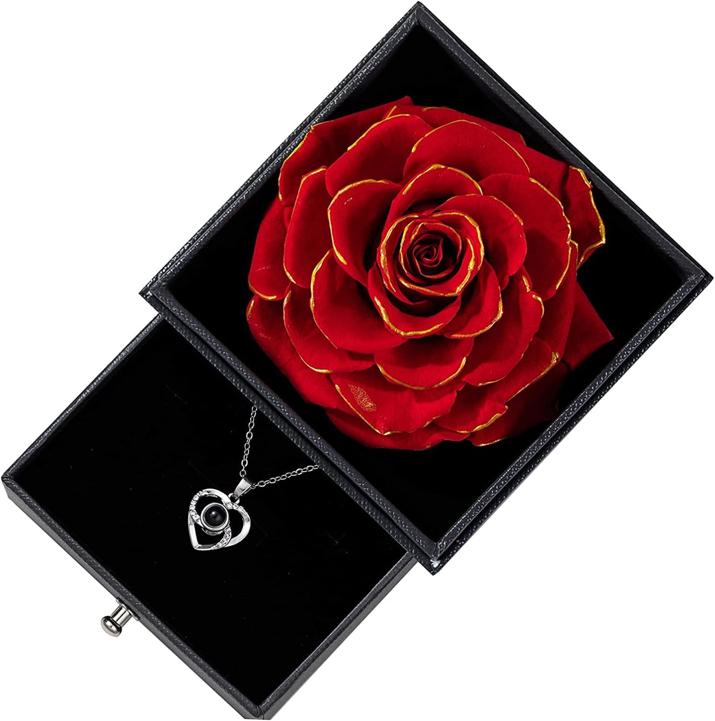Preserved Real Rose with Silver-Tone Heart Necklace I Love You in 100 Languages Gift Set, Enchanted Real Rose Flower for Valentine'S Day Anniversary Wedding Romantic Gifts for Her (Red with Gold)