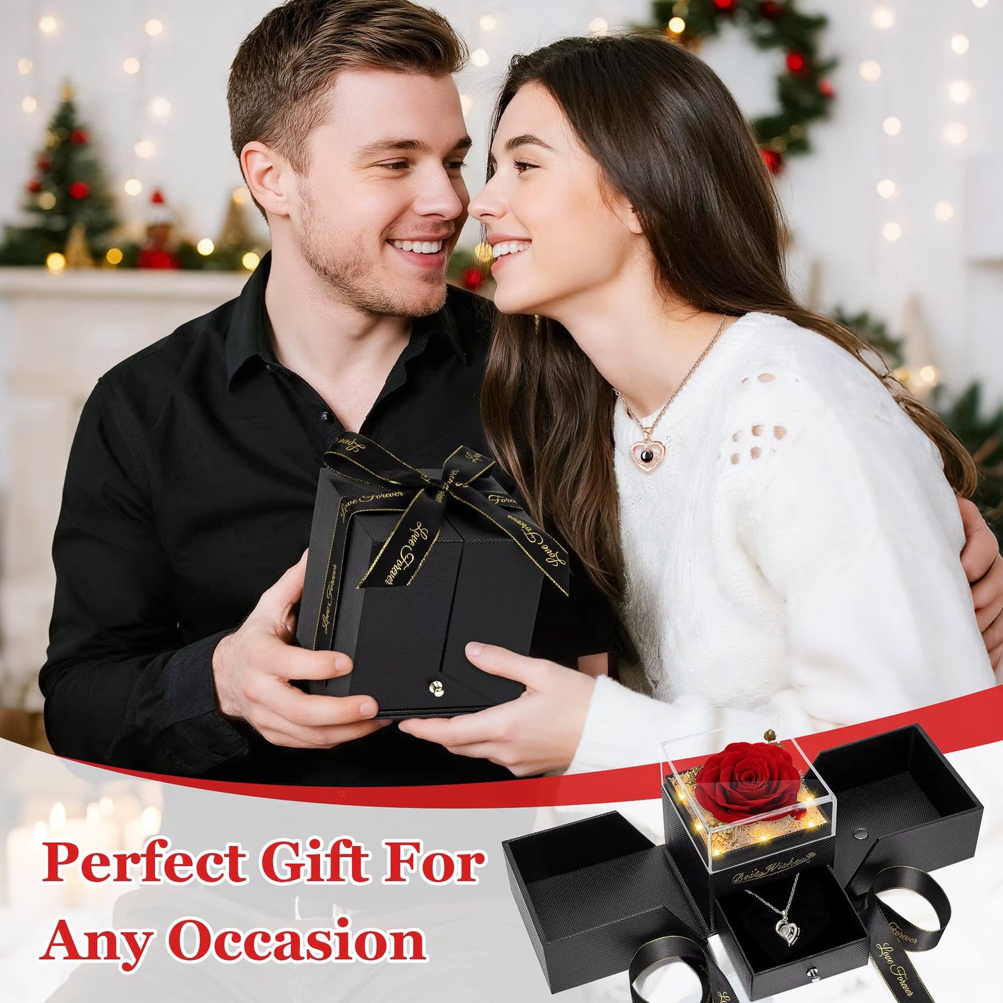 Preserved Real Rose with I Love You Necklace 100 Languages Eternal Flowers Rose Gifts for Her Wife Christmas Valentine'S Day