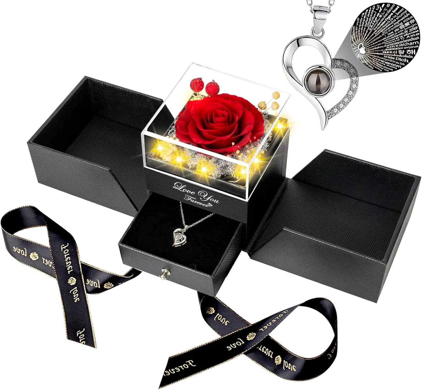 Preserved Real Rose with I Love You Necklace 100 Languages Eternal Flowers Rose Gifts for Her Wife Christmas Valentine'S Day