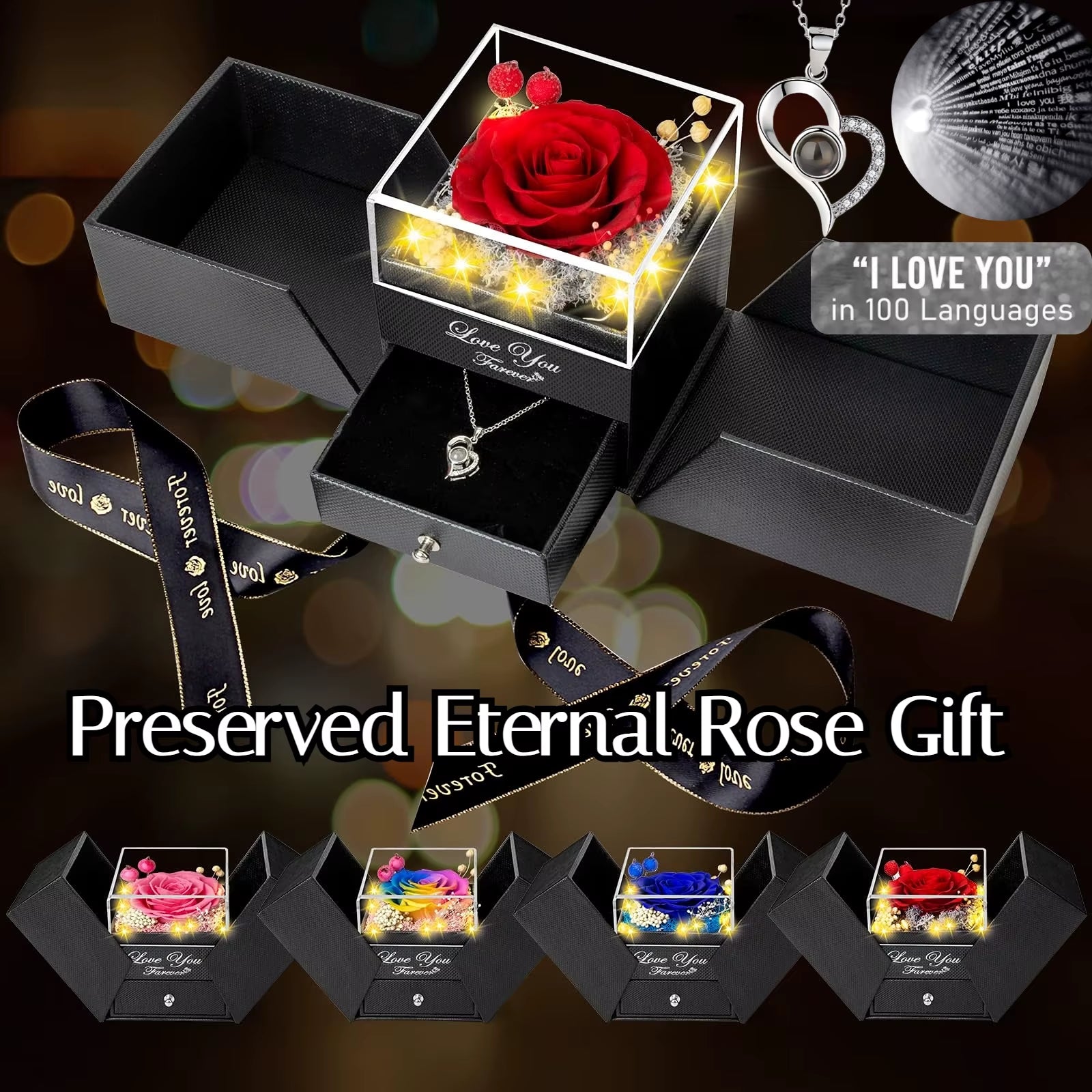 Preserved Real Rose with I Love You Necklace 100 Languages Eternal Flowers Rose Gifts for Her Wife Christmas Valentine'S Day