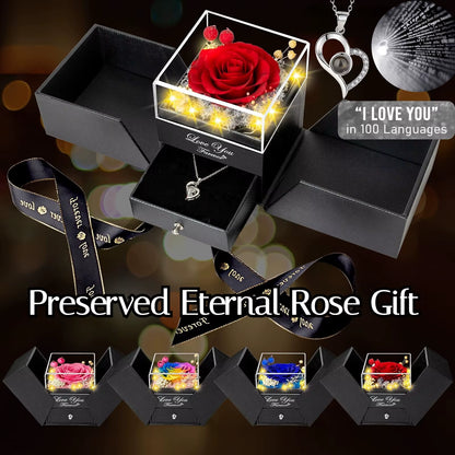 Preserved Real Rose with I Love You Necklace 100 Languages Eternal Flowers Rose Gifts for Her Wife Christmas Valentine'S Day