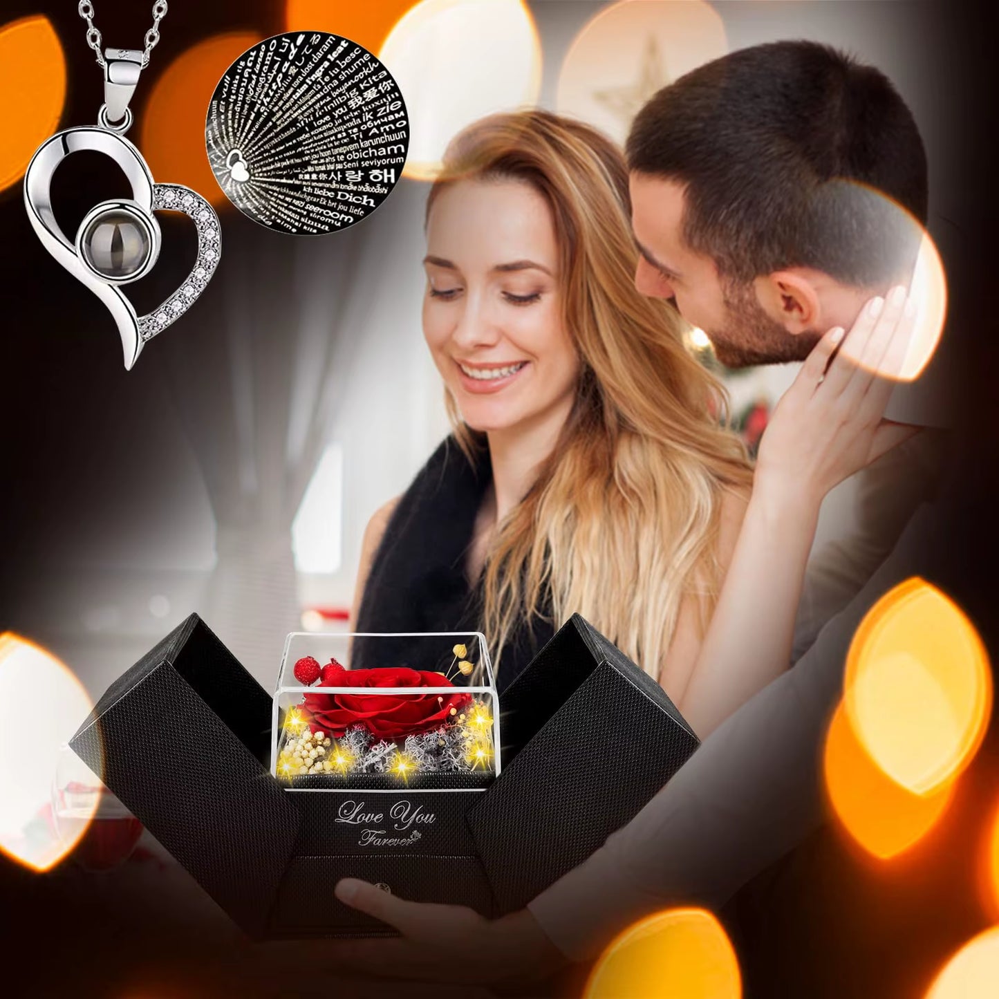 Preserved Real Rose with I Love You Necklace 100 Languages Eternal Flowers Rose Gifts for Her Wife Christmas Valentine'S Day