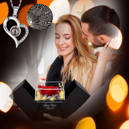 Preserved Real Rose with I Love You Necklace 100 Languages Eternal Flowers Rose Gifts for Her Wife Christmas Valentine'S Day