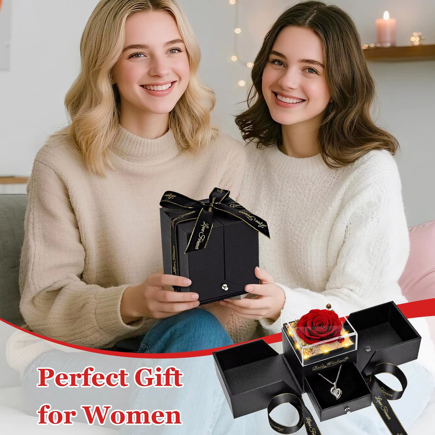 Preserved Real Rose with I Love You Necklace 100 Languages Eternal Flowers Rose Gifts for Her Wife Christmas Valentine'S Day