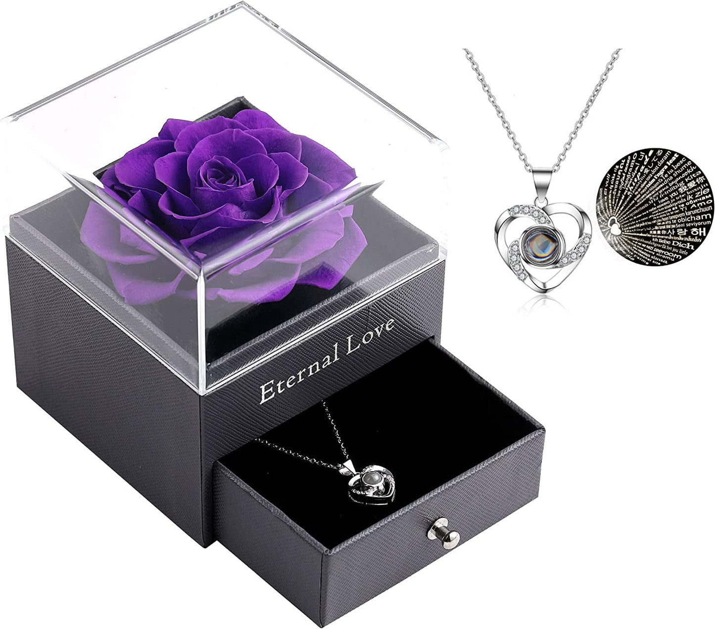 Preserved Real Rose with Silver-Tone Heart Necklace I Love You in 100 Languages Gift Set, Enchanted Real Rose Flower for Valentine'S Day Anniversary Wedding Romantic Gifts for Her (Red with Gold)
