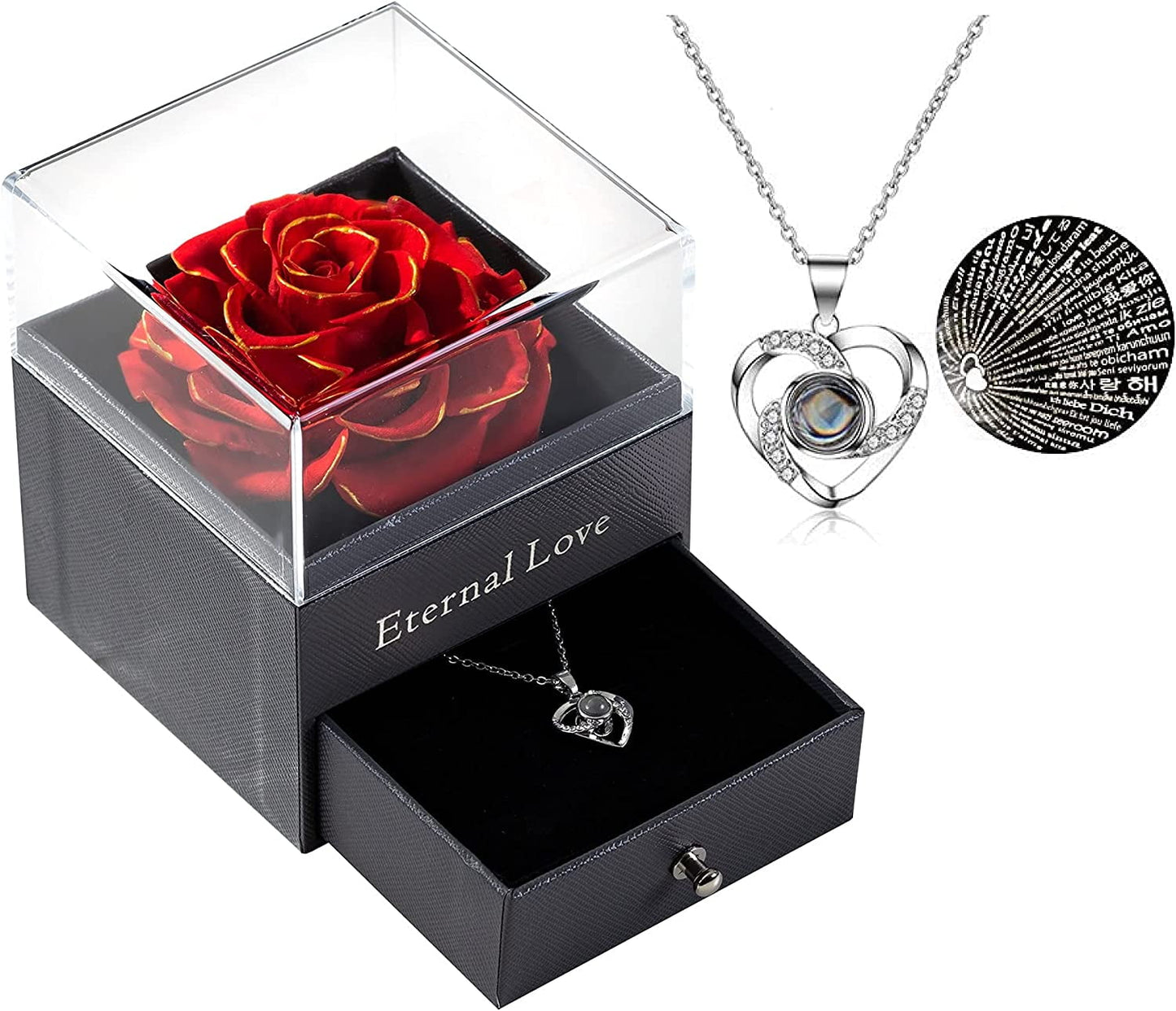 Preserved Real Rose with Silver-Tone Heart Necklace I Love You in 100 Languages Gift Set, Enchanted Real Rose Flower for Valentine'S Day Anniversary Wedding Romantic Gifts for Her (Red with Gold)