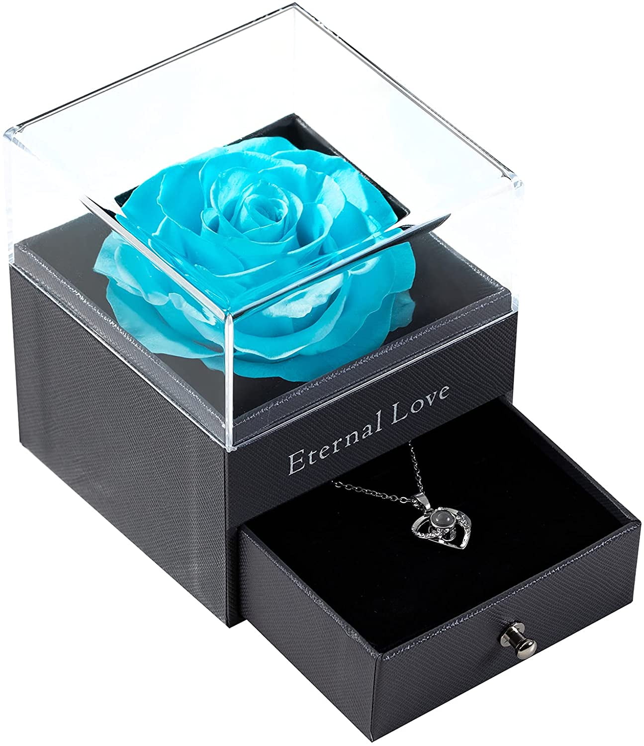 Preserved Real Rose with Silver-Tone Heart Necklace I Love You in 100 Languages Gift Set, Enchanted Real Rose Flower for Valentine'S Day Anniversary Wedding Romantic Gifts for Her (Red with Gold)
