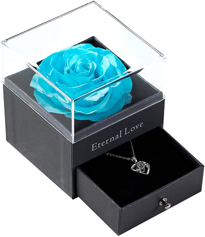 Preserved Real Rose with Silver-Tone Heart Necklace I Love You in 100 Languages Gift Set, Enchanted Real Rose Flower for Valentine'S Day Anniversary Wedding Romantic Gifts for Her (Red with Gold)