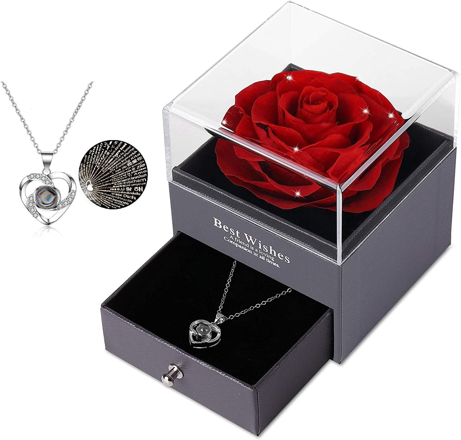 Preserved Real Rose with Silver-Tone Heart Necklace I Love You in 100 Languages Gift Set, Enchanted Real Rose Flower for Valentine'S Day Anniversary Wedding Romantic Gifts for Her (Red with Gold)