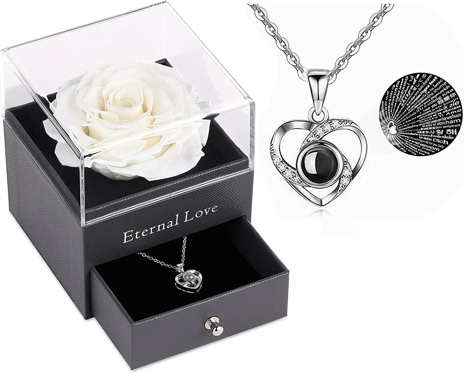 Preserved Real Rose with Silver-Tone Heart Necklace I Love You in 100 Languages Gift Set, Enchanted Real Rose Flower for Valentine'S Day Anniversary Wedding Romantic Gifts for Her (Red with Gold)