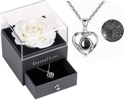 Preserved Real Rose with Silver-Tone Heart Necklace I Love You in 100 Languages Gift Set, Enchanted Real Rose Flower for Valentine'S Day Anniversary Wedding Romantic Gifts for Her (Red with Gold)